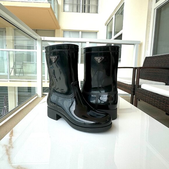 PRADA Black Sport Mid Calf Rubber Rain Boots Women Size 7 - Picture 3 of 12